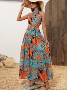 SHEIN VCAY Tropical Print Belted Halter Dress - Multicolor - View 5