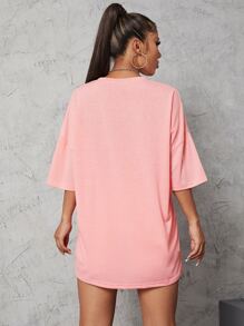 SHEIN Unity Camiseta amplia con estampado de slogan y mariposa de hombros caídos - Rosa - Ver 2