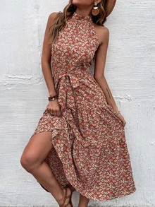 SHEIN Unity Allover Floral Print Tie Back Ruffle Hem Belted Halter Dress - Multicolor - View 5