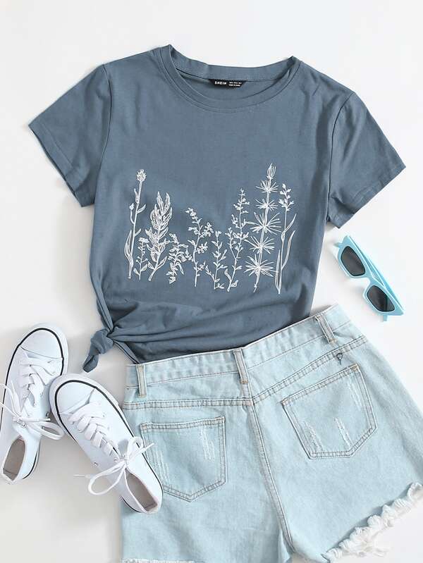Flirla Plant Print Round Neck Tee Graphic Tees Women Tops