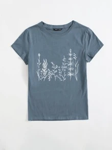 SHEIN Unity 植物印花圓領T恤 - 霧霾藍 - 查看 4