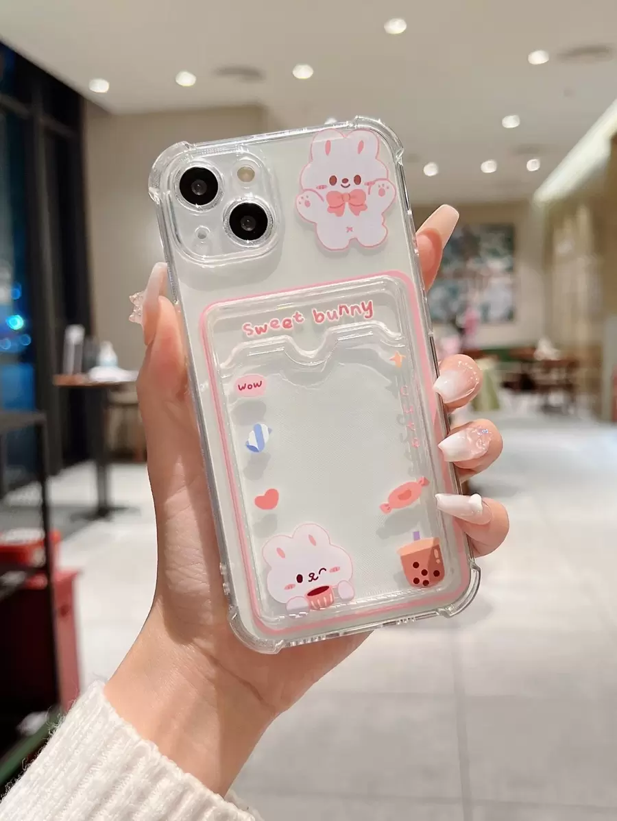可愛卡通兔子透明卡槽手機殼，適用於 iPhone 11，iPhone 13，iPhone 14 Pro Max