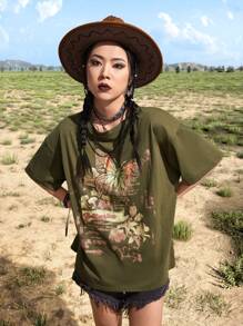 ROMWE Goth 蝴蝶和雛菊圖案T恤 - 軍綠色 - 查看 1