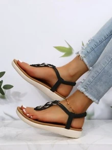 Women Metal Decor Toe Post Sandals, Fashion Summer Thong Sandals - Black - View 4