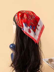 Butterfly & Floral Print Satin Bandana - Red - View 1