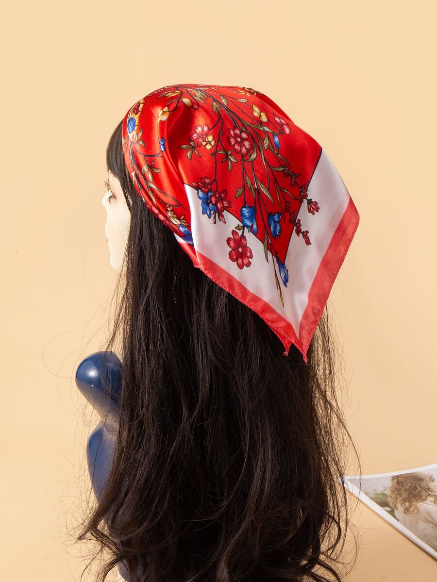 Butterfly & Floral Print Satin Bandana - Red - View 1