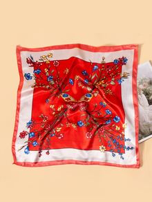 Butterfly & Floral Print Satin Bandana - Red - View 2