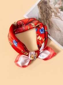 Butterfly & Floral Print Satin Bandana - Red - View 3