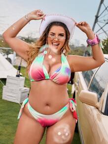 Plus Size Tie Dye Tie Back Bikini Set Summer Beach - Multicolor - View 1