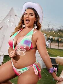 Plus Size Tie Dye Tie Back Bikini Set Summer Beach - Multicolor - View 4