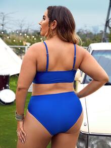 Plus Neon Blue Fringe Trim Cut Out One Piece Swimsuit - Royal Blue - View 2