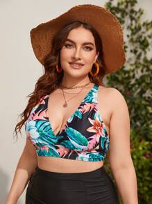 Plus Tropical Print Strappy Back Bikini Top - Multicolor - View 1