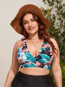 Plus Tropical Print Strappy Back Bikini Top - Multicolor - View 3