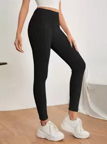 SHEIN PETITE Rib Knit High Waist Leggings - Black - View 1