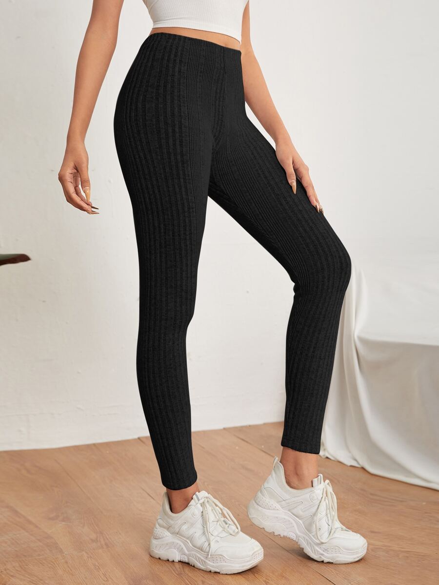 SHEIN PETITE Rib Knit High Waist Leggings - Black - View 1