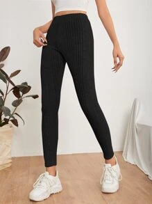 SHEIN PETITE Rib Knit High Waist Leggings - Black - View 3