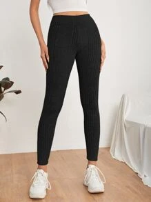 SHEIN PETITE Rib Knit High Waist Leggings - Black - View 5