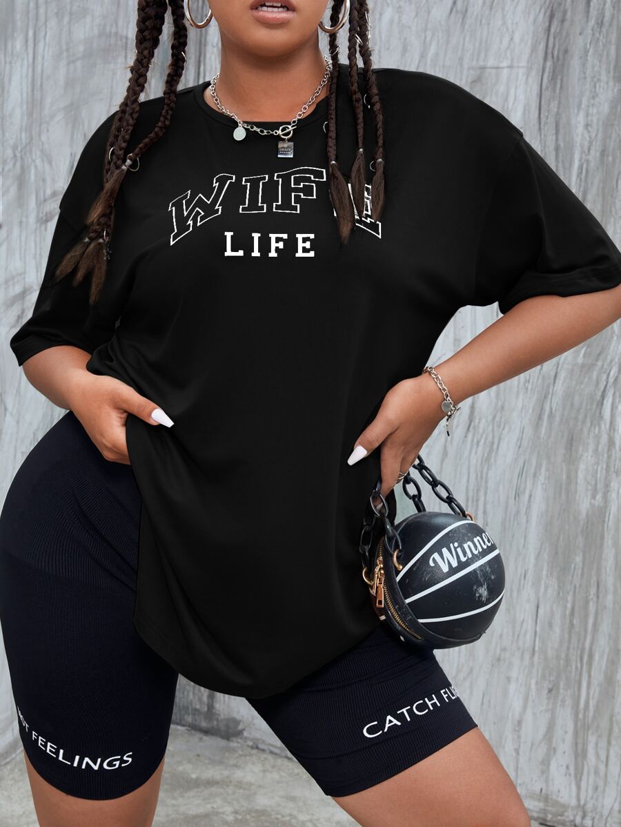 SHEIN EZwear Plus Size Letter Graphic Drop Shoulder Tee - Black - View 1