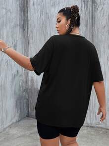 SHEIN EZwear Plus Size Letter Graphic Drop Shoulder Tee - Black - View 2