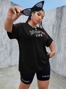 SHEIN EZwear Plus Size Letter Graphic Drop Shoulder Tee - Black - View 3