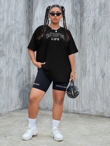 SHEIN EZwear Plus Size Letter Graphic Drop Shoulder Tee - Black - View 4