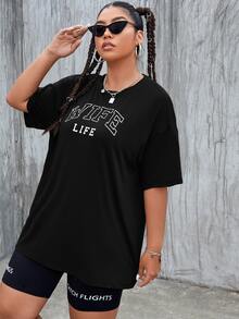 SHEIN EZwear Plus Size Letter Graphic Drop Shoulder Tee - Black - View 5