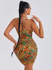 SHEIN SXY 虎紋印花抽繩打結前緊身連衣裙 - 彩色 - 查看 2