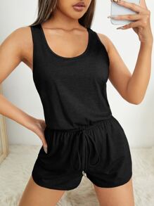 SHEIN PETITE 素色腰部抽繩背心連體短褲