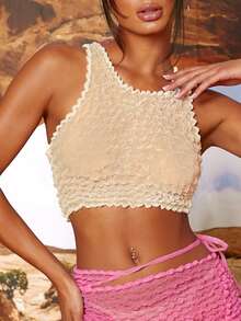 Textured Crop Tank Top - Beige - View 4