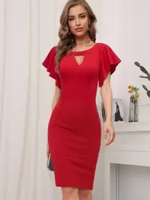 Vestido ajustado de cuello con abertura de ojo de manga mariposa - Rojo - Ver 1