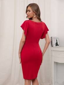 Vestido ajustado de cuello con abertura de ojo de manga mariposa - Rojo - Ver 2