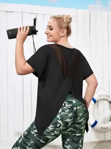 Easithlete Áo thun thể thao nữ dáng rộng có viền lưới không đối xứng - màu đen - Xem 1