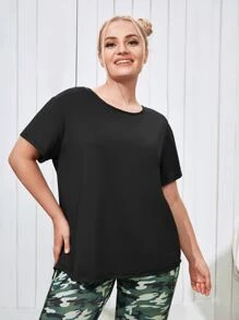 Easithlete Áo thun thể thao nữ dáng rộng có viền lưới không đối xứng - màu đen - Xem 2