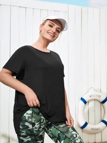 Easithlete Áo thun thể thao nữ dáng rộng có viền lưới không đối xứng - màu đen - Xem 5