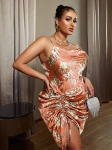 Glamaker Plus Tropical Print Cowl Neck Drawstring Side Satin Cami Dress - Multicolor - View 1