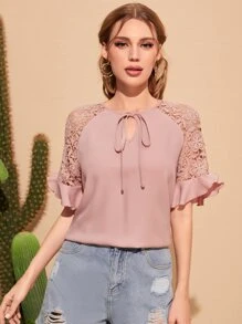 SHEIN Clasi Tie Neck Lace Sleeve Top - Dusty Pink - View 2