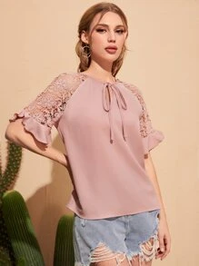 SHEIN Clasi Tie Neck Lace Sleeve Top - Dusty Pink - View 6