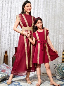Girls 1pc Guipure Lace Panel Belted Dress - Burgundy - View 3