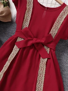 Girls 1pc Guipure Lace Panel Belted Dress - Burgundy - View 4