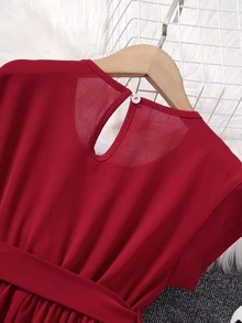 Girls 1pc Guipure Lace Panel Belted Dress - Burgundy - View 5