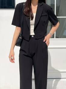 DAZY Single Button Blazer & Plicated Detail Tailored Trousers - Black - View 5
