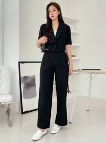 DAZY Single Button Blazer & Plicated Detail Tailored Trousers - Black - View 3