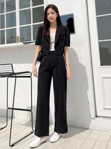 DAZY Single Button Blazer & Plicated Detail Tailored Trousers - Black - View 6