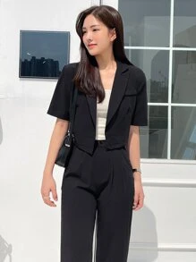 DAZY Single Button Blazer & Plicated Detail Tailored Trousers - Black - View 8