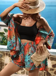 SHEIN VCAY Tropical Print Drop Shoulder Blouse & Shorts Without Cami Top - Multicolor - View 4