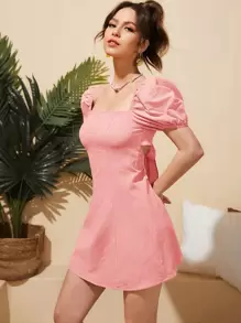 Soleia 方領後背繫帶泡泡袖連衣裙 - 淺粉色 - 查看 2