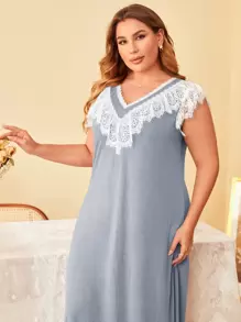 SHEIN Unity 大碼睫毛蕾絲邊睡裙 - 灰色 - 查看 4