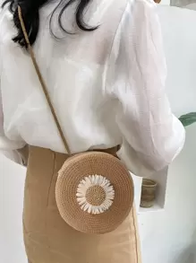 花卉圖案圓圈草編包，復古單肩沙灘包，女士斜挎包錢包迷你花卉裝飾草編包 - 卡其色 - 查看 1