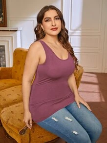 SHEIN LUNE Plus Size Women Christmas Fall And Winter Dark Grey Ribbed Fabric U Neck Base Tank Top - Mauve Purple - View 5
