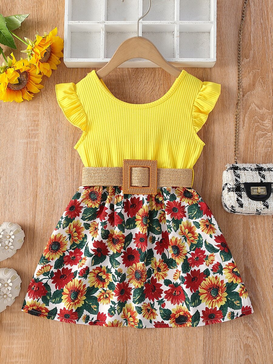 婴儿向日葵印花荷叶边袖连衣裙（无腰带） - 彩色 - 查看 1